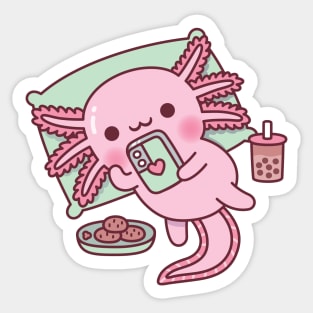 Cute Axolotl Chilling With Handphone Boba Tea And Cookies Sticker